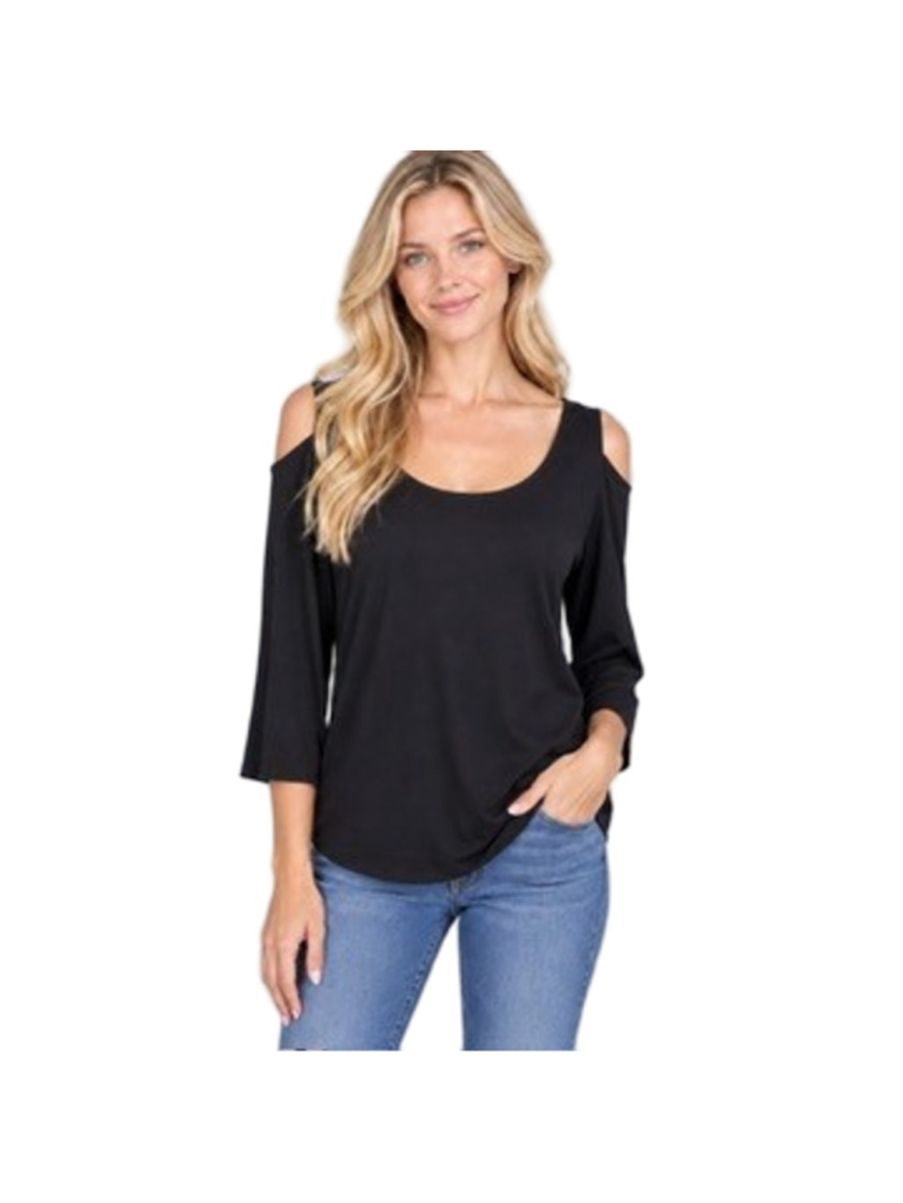 Clara Sunwoo Cold Shoulder Top M Black Liquid Knit 3/4 Sleeve Travel Size M